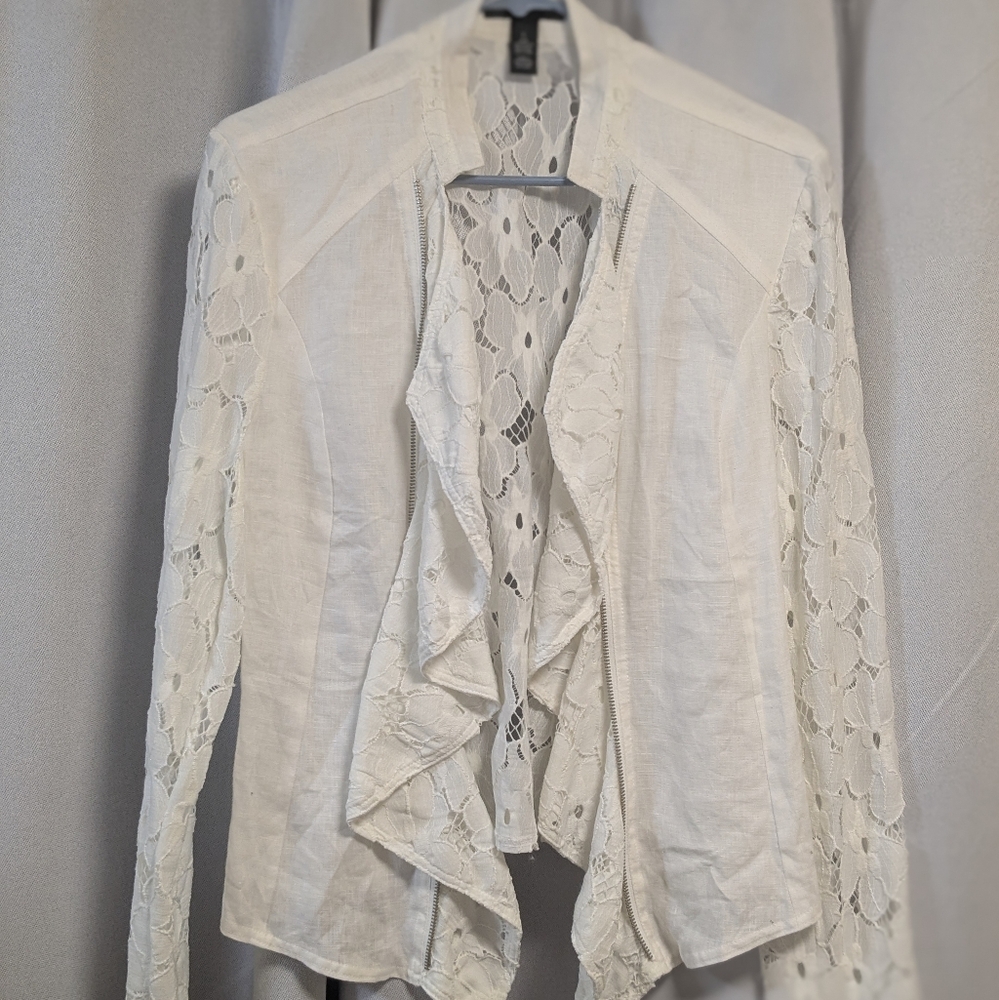 NWT White Drape Front Jacket  Lace Sleeves & Back Insert/ Decorative Faux Zipper